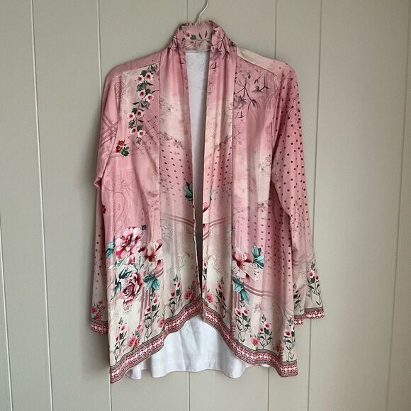 Unbranded Womens Kimono Pink Floral Open Front Cardigan Large - Picture 3 of 14